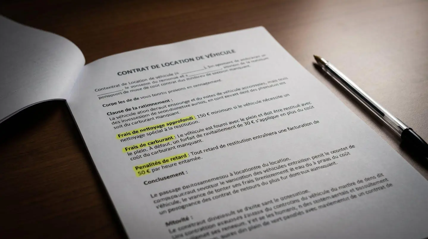 Contrat de location avec frais annexes surlignés au marqueur jaune, texte en français