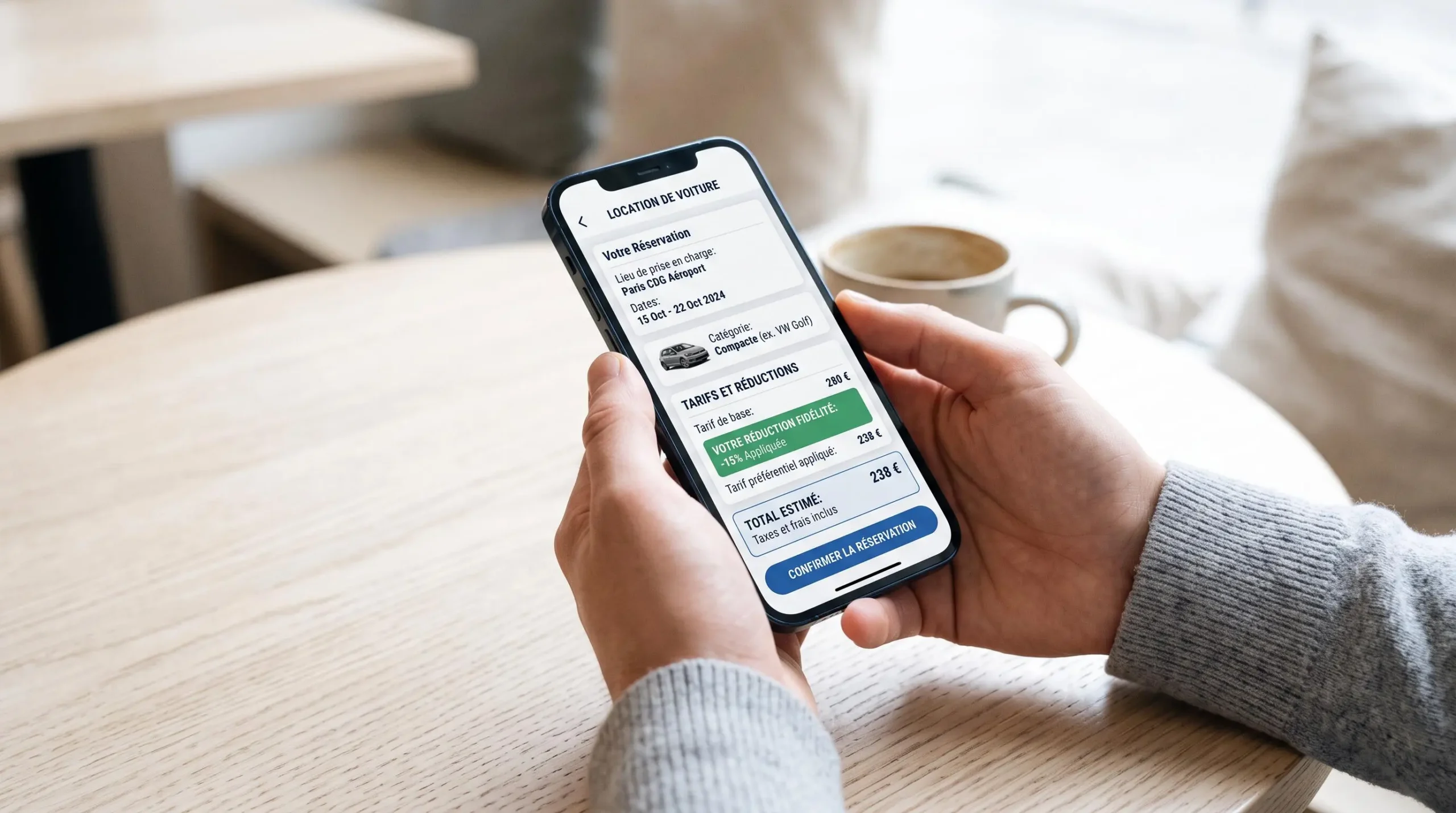 Smartphone affichant une interface de réservation de véhicule avec réductions fidélité en français