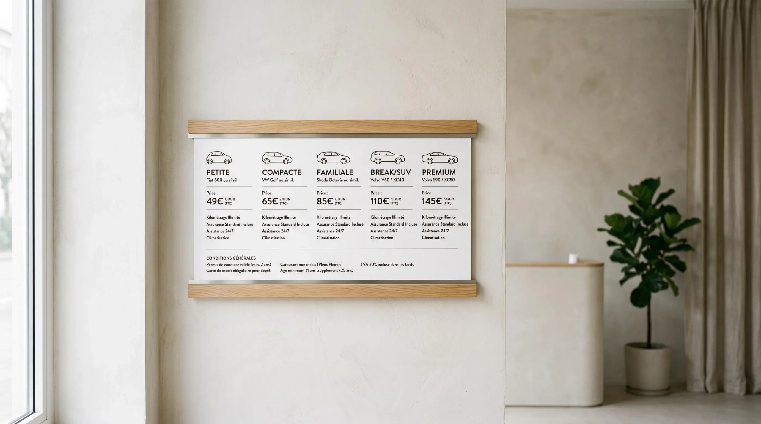 Tableau tarifaire d'agence de location montrant les prix par catégorie de véhicule en français